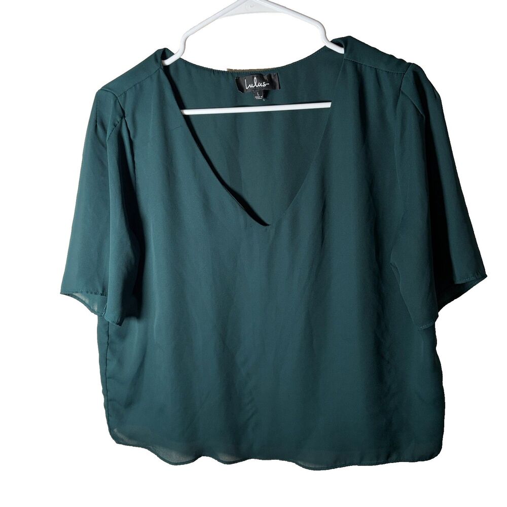 Lulus Blouse Women's Large V-Neck Short Sleeve Career Shirt Top Solid Green